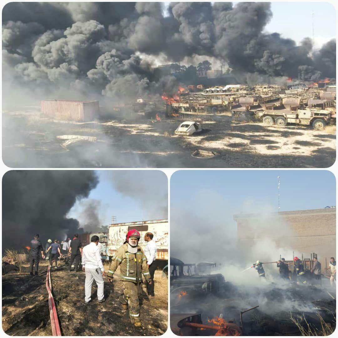 آتش سوزی مهیب در پارکینگ خودروهای فرسوده مهار شد /شب و روز دشوار آتش نشانان اسلامشهری