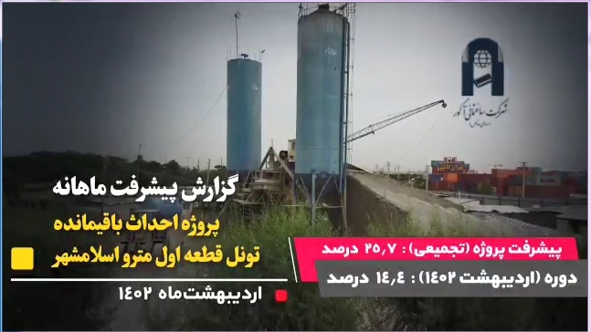 گزارش ماهیانه پیشرفت پروژه احداث باقیمانده تونل قطعه اول مترو اسلامشهر در اردیبهشت ماه: