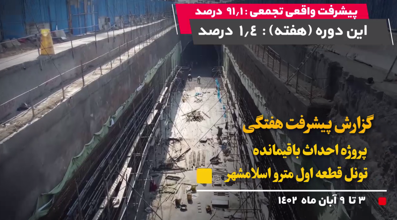 گزارش هفتگی پیشرفت پروژه احداث باقیمانده تونل قطعه اول مترو اسلامشهر مورخ 3 الی 9 آبان 1402: