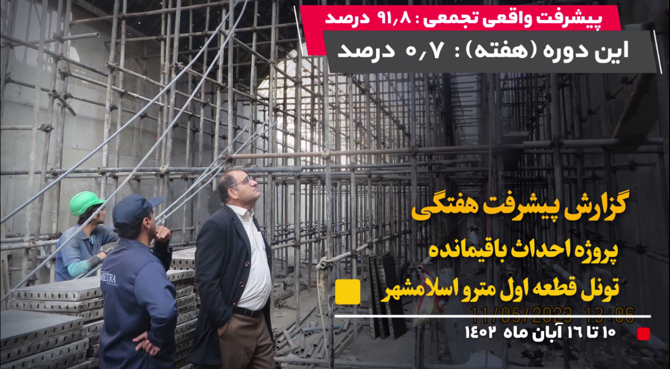 گزارش هفتگی پیشرفت پروژه احداث باقیمانده تونل قطعه اول مترو اسلامشهر مورخ 1402/8/10 الی 1402/8/16: