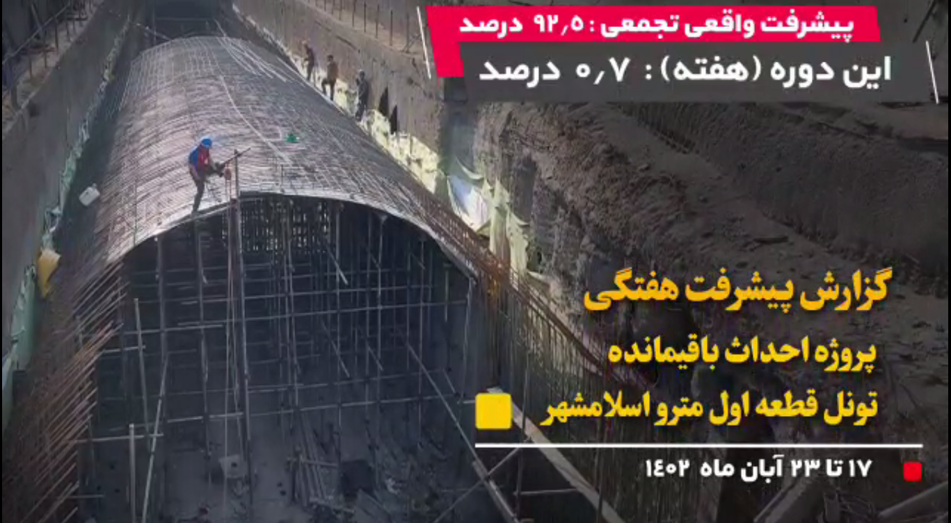 گزارش هفتگی پیشرفت پروژه احداث باقیمانده تونل قطعه اول مترو اسلامشهر مورخ 1402/08/17 الی1402/08/23: