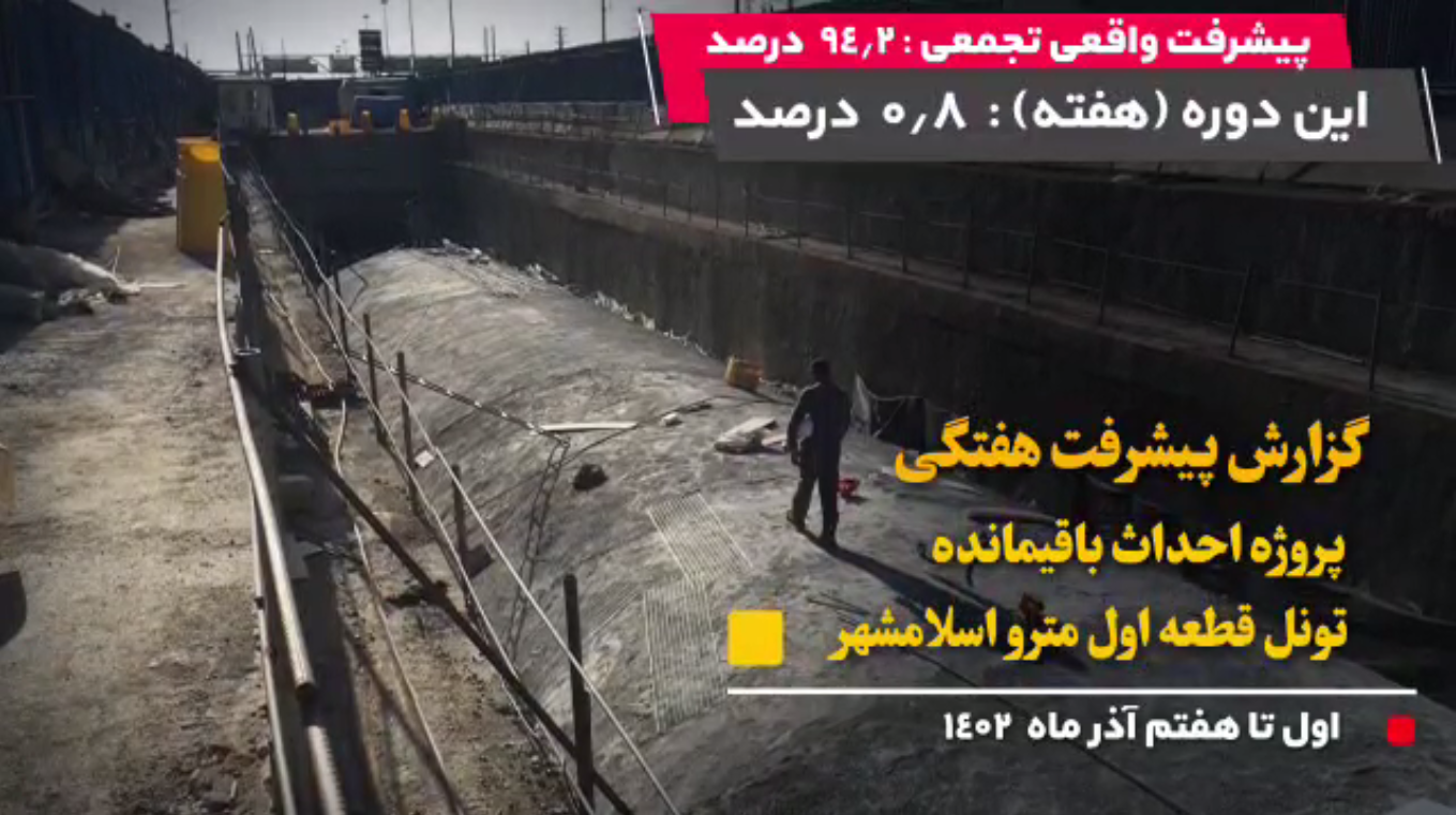گزارش هفتگی پیشرفت پروژه احداث باقیمانده تونل قطعه اول مترو اسلامشهر مورخ 1402/09/01 الی1402/09/07: