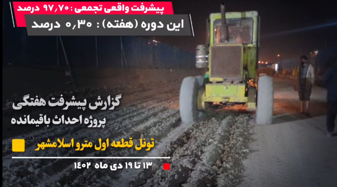 گزارش هفتگی پیشرفت پروژه احداث باقیمانده تونل قطعه اول مترو اسلامشهر مورخ 13 الی 19 دی 1402: